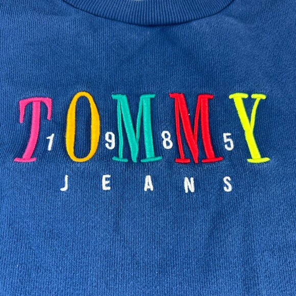 Tommy Hilfiger Jeans Sweatshirt Mens Size Small Rainbow Spell Out Blue Pullover - Picture 2 of 8
